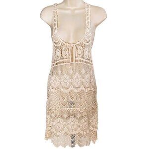 Bohemian Cream Colored Crochet Lace Women's Boho Mini Racer Back Dress